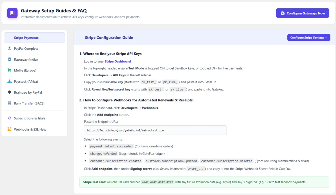 In-App Step-by-Step Documentation & Sandbox Credentials