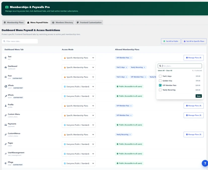 Lock Specific Dashboard Tabs & Custom Post Types Behind Paid Tiers