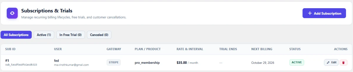 Native Recurring Billing with Free Trial Management